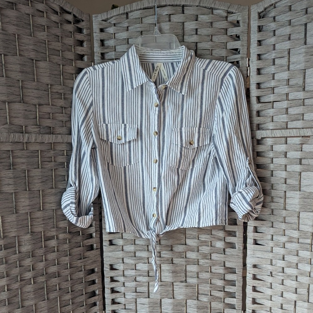 Button Up Shirt Blue White Striped Tie Front SM Roll Tab Sleeve Preppy Classic
